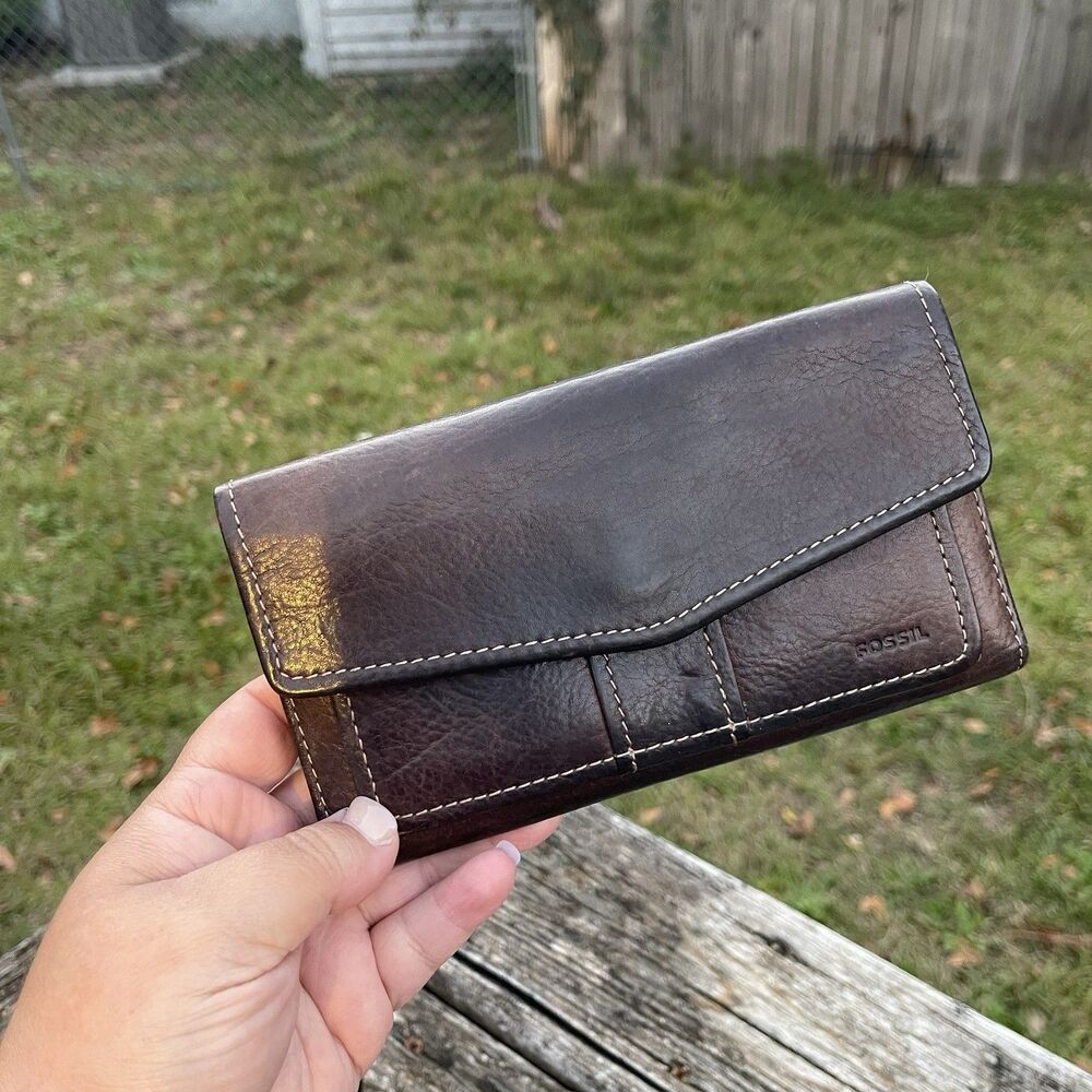 Fossil Wallet‎ Brown Soft Genuine Pebbled Leather Checkbook Tri-Fold Organizer